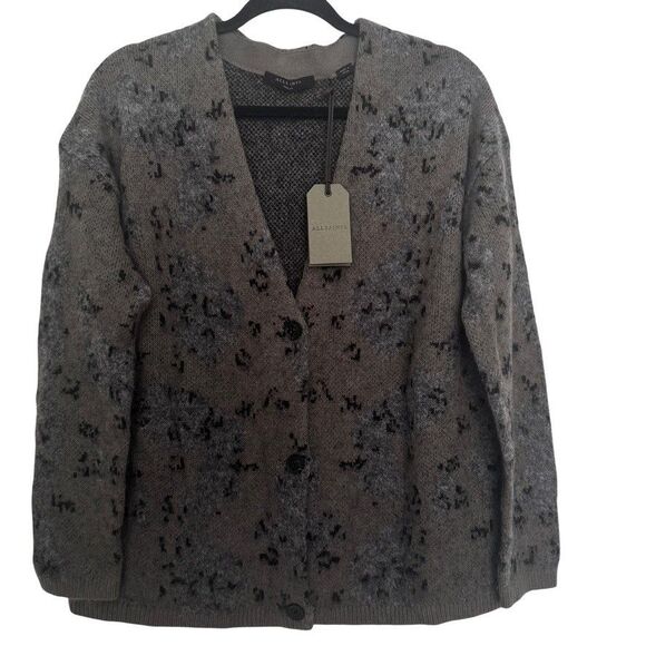 ALLSAINTS Women's Sz SMALL Grey Black Patterned V-Neck Wool Blend Cardigan $228 - Picture 3 of 10